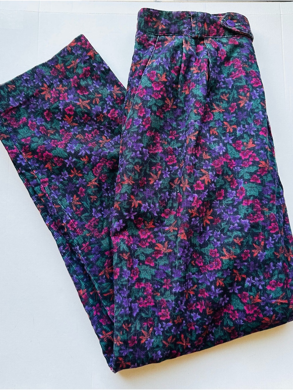 Floral Corduroy Trousers in Purple and Green 10P